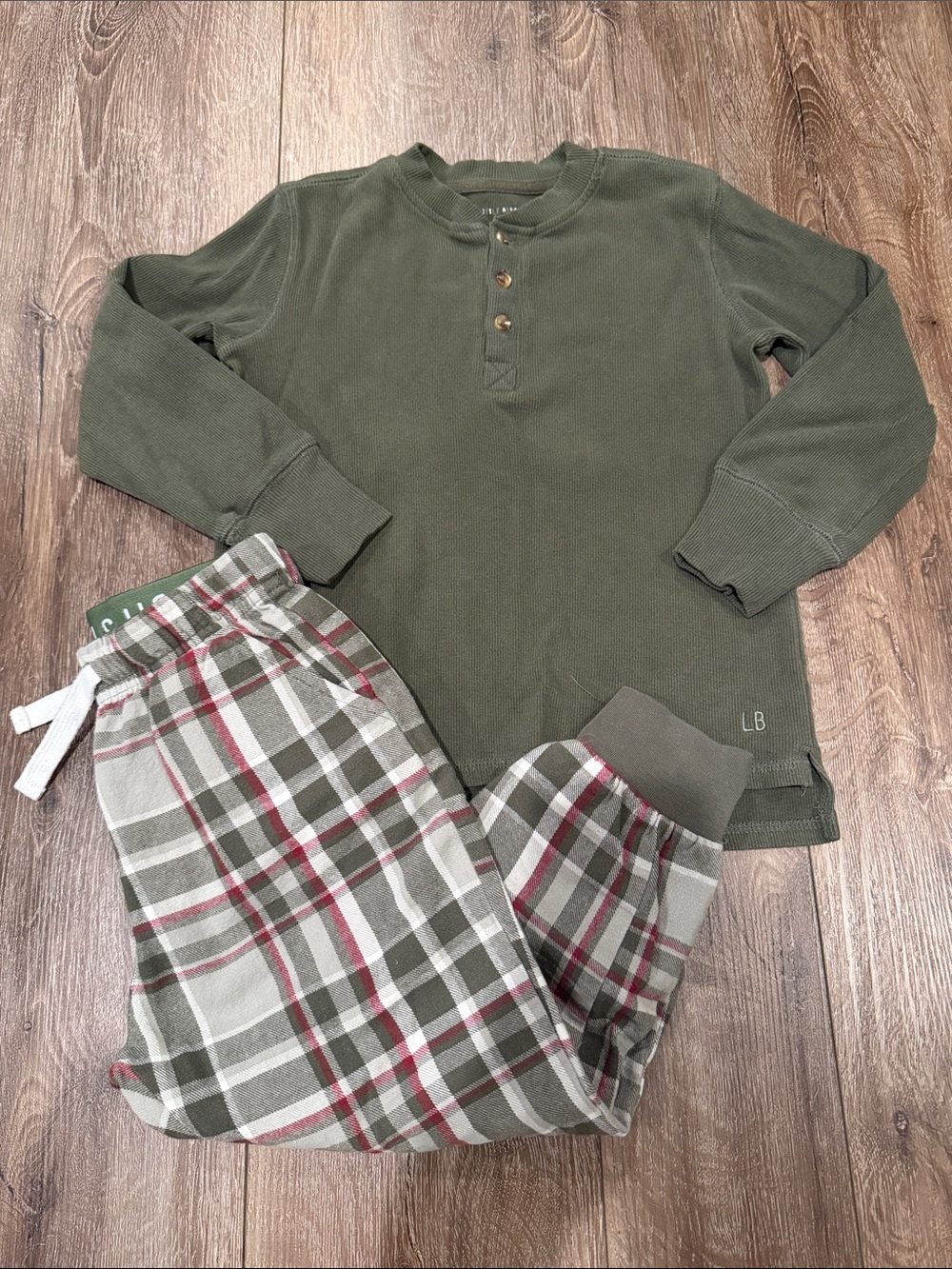 Little Bipsy Olive Green Henley Top with Plaid Pajama Pants Size: 4-5T